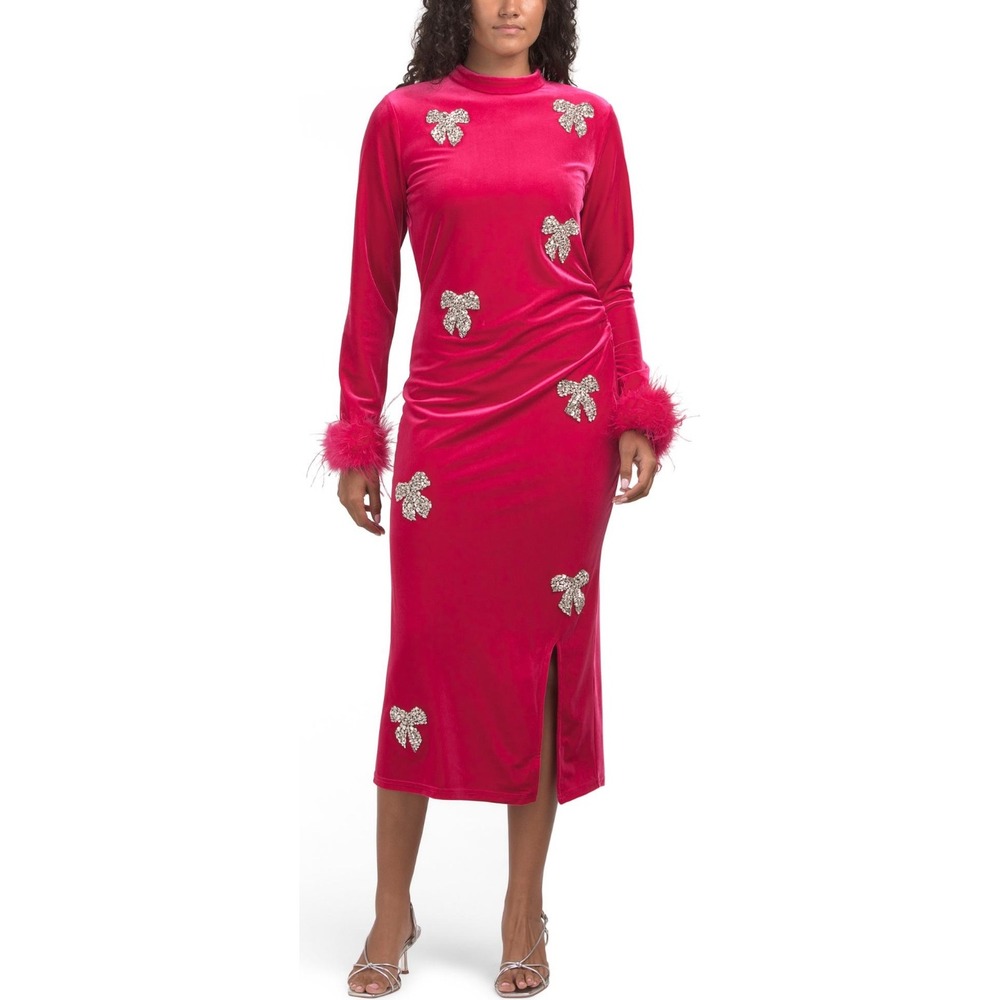 NWT Ivy City Co Pink Velvet Rhinestone Bows Feather Cuff Midi Dress Glam Twee M